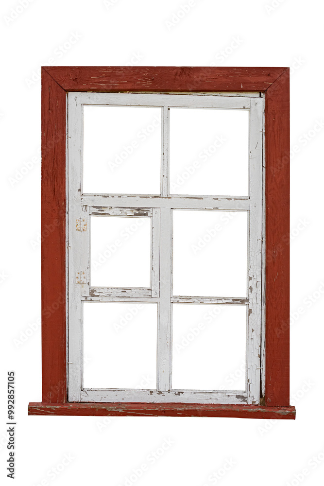 Obraz premium White old wooden window in brown frame is isolated.