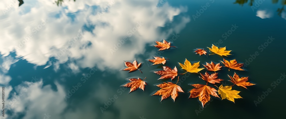 A serene, almost meditative scene of fallen autumn leaves gently floating on the surface of a still pond. A serene, almost meditative scene of fallen autumn leaves gently floating on the surface of a still pond.