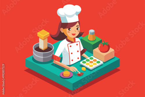 A female chef is arranging various ingredients and a colorful dish on a countertop in a kitchen, Customizable isometric illustration of a female chef.