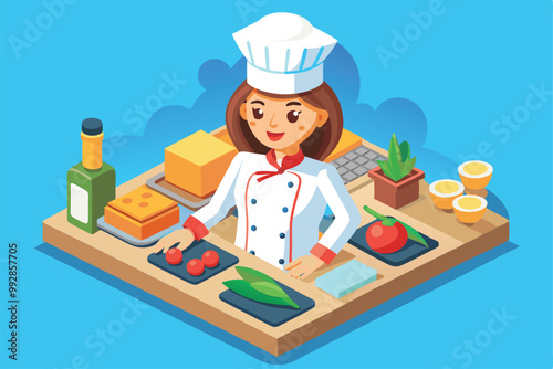 A female chef organizes fresh ingredients on a countertop while preparing for cooking, Customizable isometric illustration of a female chef.