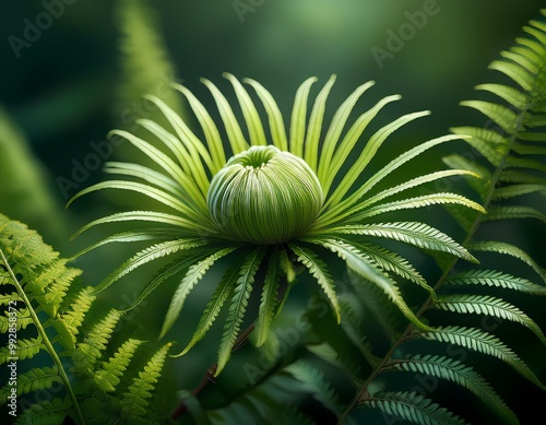 Close-up of a blooming fern flower, a rare and unique floral specimen with leafy texture in a botanical setting
 photo