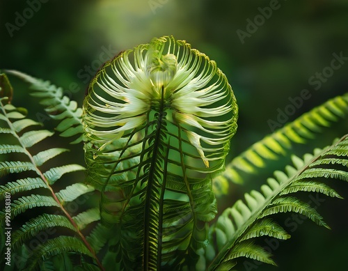 Close-up of a blooming fern flower, a rare and unique floral specimen with leafy texture in a botanical setting
 photo