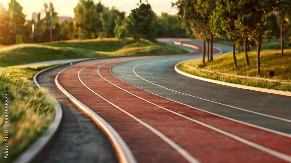 A winding athletic track surrounded by trees and greenery in a serene outdoor setting. A winding athletic track surrounded by trees and greenery in a serene outdoor setting.