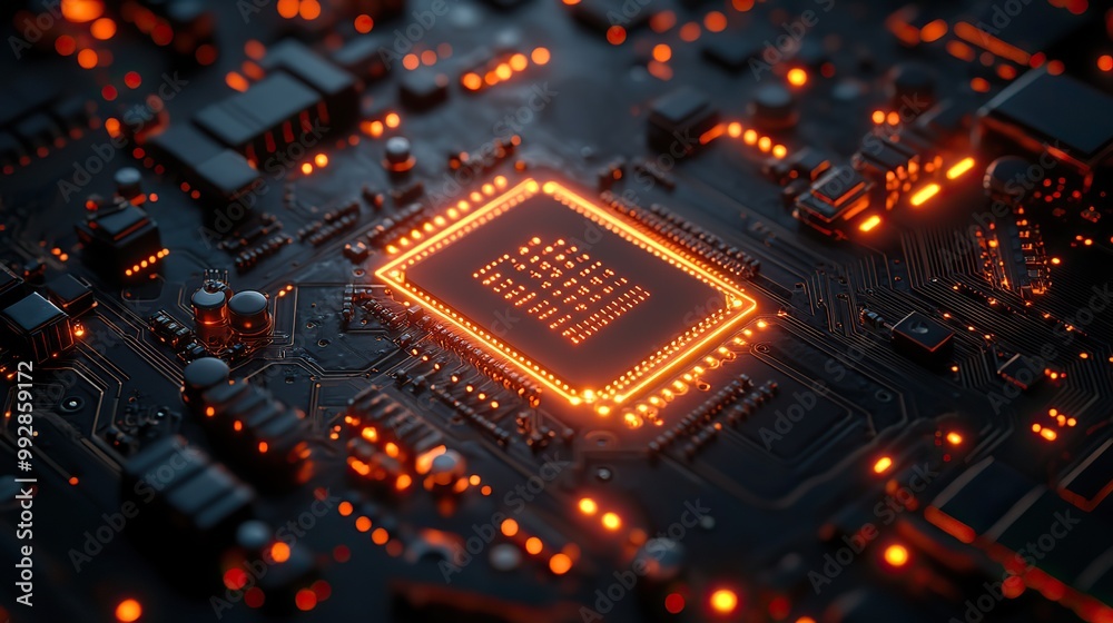 A glowing electronic circuit board represents digital technology, combining luminous elements and metal structures in a futuristic design. A glowing electronic circuit board represents digital technology, combining luminous elements and metal structures in a futuristic design.