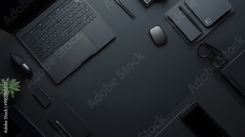 Top view of dark workspace with wireless device, office supplies and copy space. 