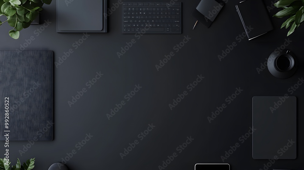 Top view of dark workspace with wireless device, office supplies and copy space. Top view of dark workspace with wireless device, office supplies and copy space.
