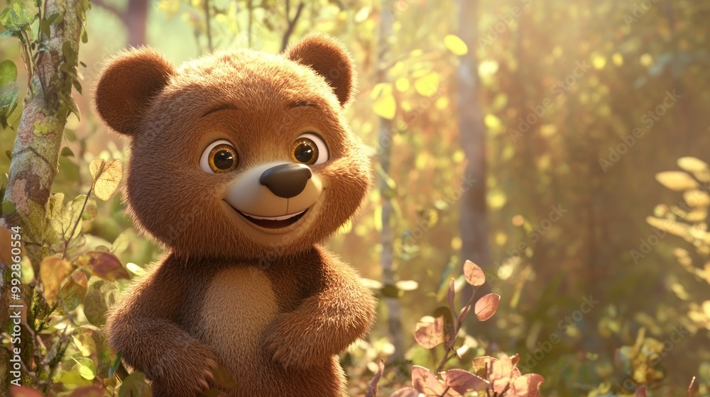 A cheerful cartoon bear stands in a sunlit forest, exuding a friendly and playful vibe. A cheerful cartoon bear stands in a sunlit forest, exuding a friendly and playful vibe.