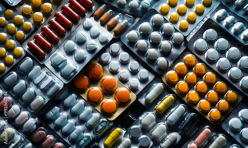 Colorful of tablets and capsules pill in blister packaging arranged photo