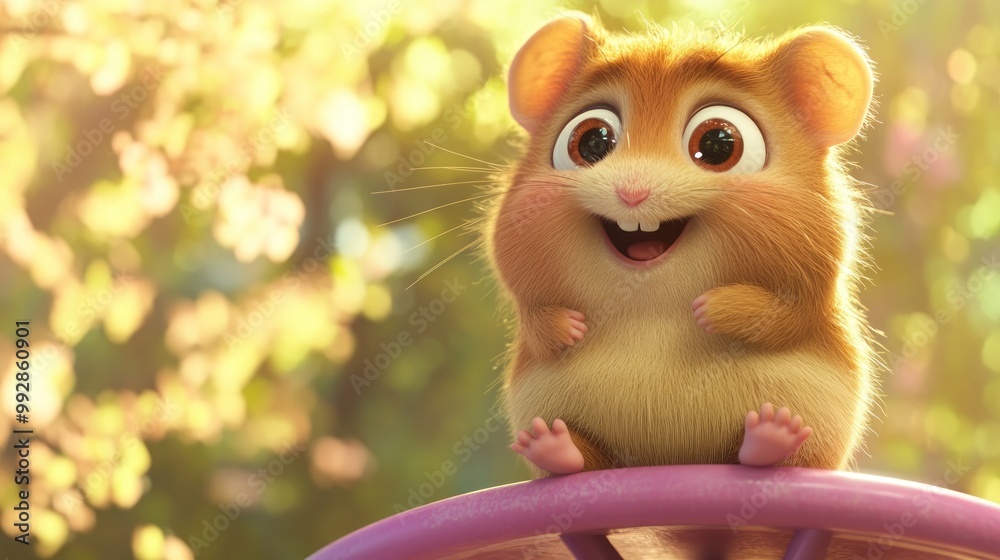A cheerful animated hamster sitting on a colorful structure, radiating joy in a sunny setting. A cheerful animated hamster sitting on a colorful structure, radiating joy in a sunny setting.
