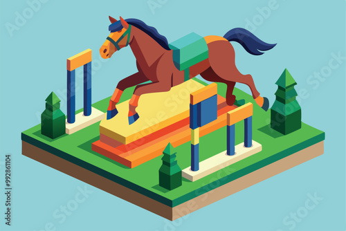 A horse leaps over colorful obstacles in a vibrant equestrian setting filled with trees, Customizable isometric illustration of a horse jumping. photo