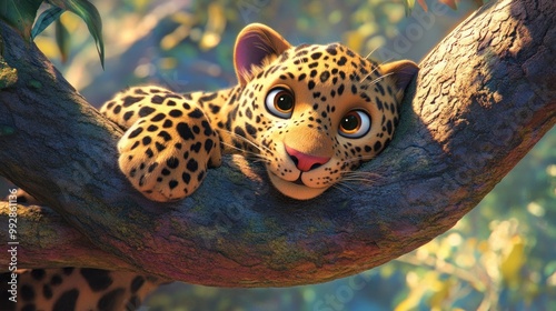 A cute cartoon leopard rests on a tree branch, showcasing its playful and relaxed demeanor.