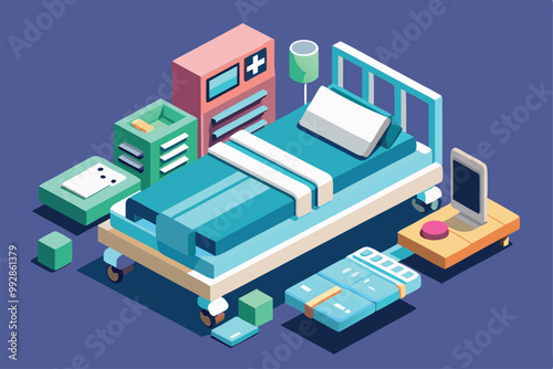 A brightly colored isometric illustration features a hospital bed surrounded by medical supplies and equipment, Customizable isometric illustration of a hospital bed.