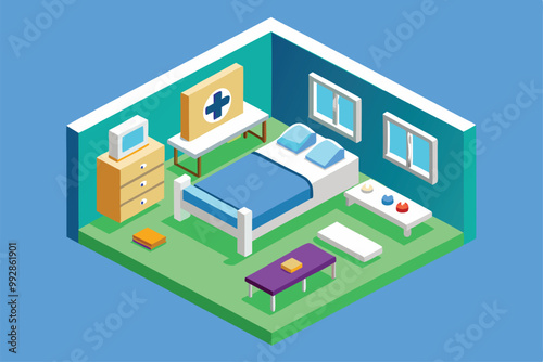 Detailed illustration of a hospital room featuring a bed, furniture, and medical decor for customization, Customizable isometric illustration of a hospital bed.