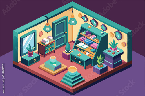 A vibrant, isometric illustration of a jewelry store showcasing unique displays, plants, and decor, Customizable isometric illustration of a jewelry shop.