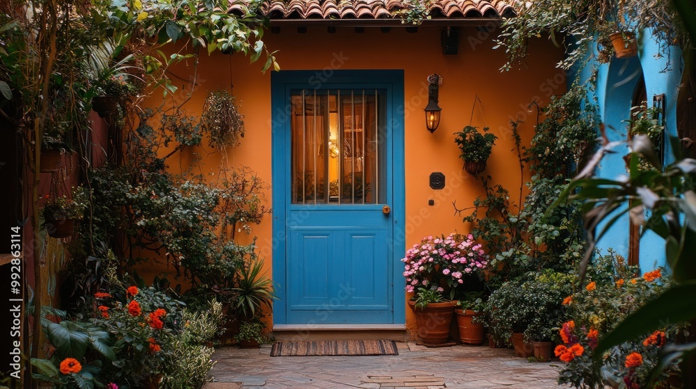 A vibrant blue door framed by lush plants and flowers in a charming courtyard setting.