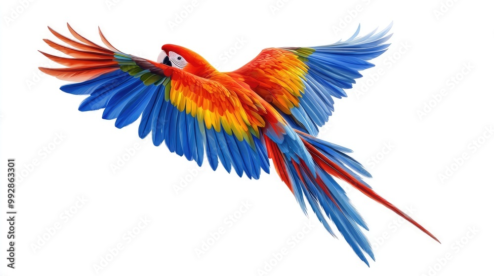 A vibrant scarlet macaw with blue and yellow feathers in flight, isolated on a white background. A vibrant scarlet macaw with blue and yellow feathers in flight, isolated on a white background.