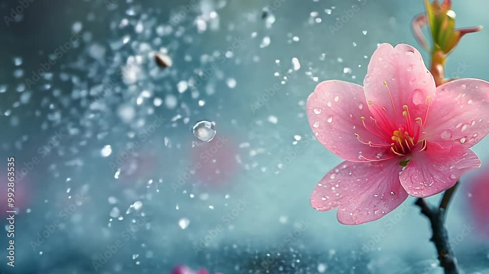 Pink Cherry Blossom in Rain with Dew on Wet Pavement.