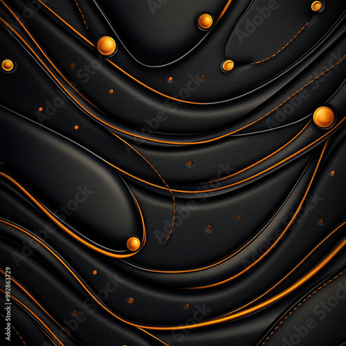  Black background with golden elements, a vector illustration of wavy lines and dots in the style of a dark color scheme. Created with Ai