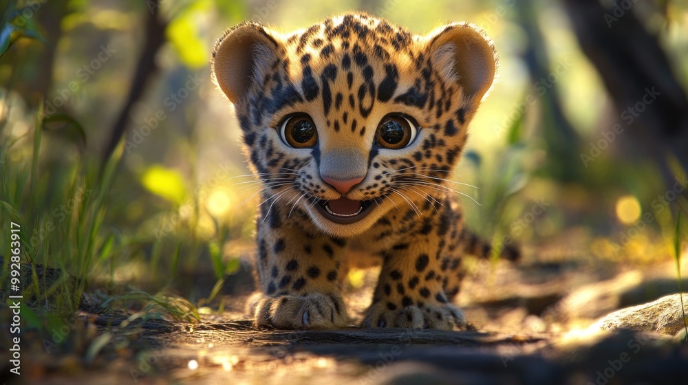 Fototapeta premium A cute, animated leopard cub playfully exploring its natural habitat.