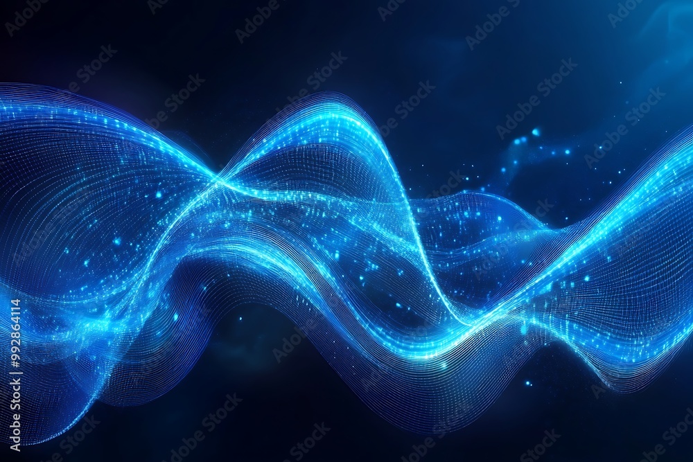 Fototapeta premium Digital particles blue color wave flow and lights with bokeh, Technology cyberspace digital connection abstract background concept. 3d rendering Generative AI 