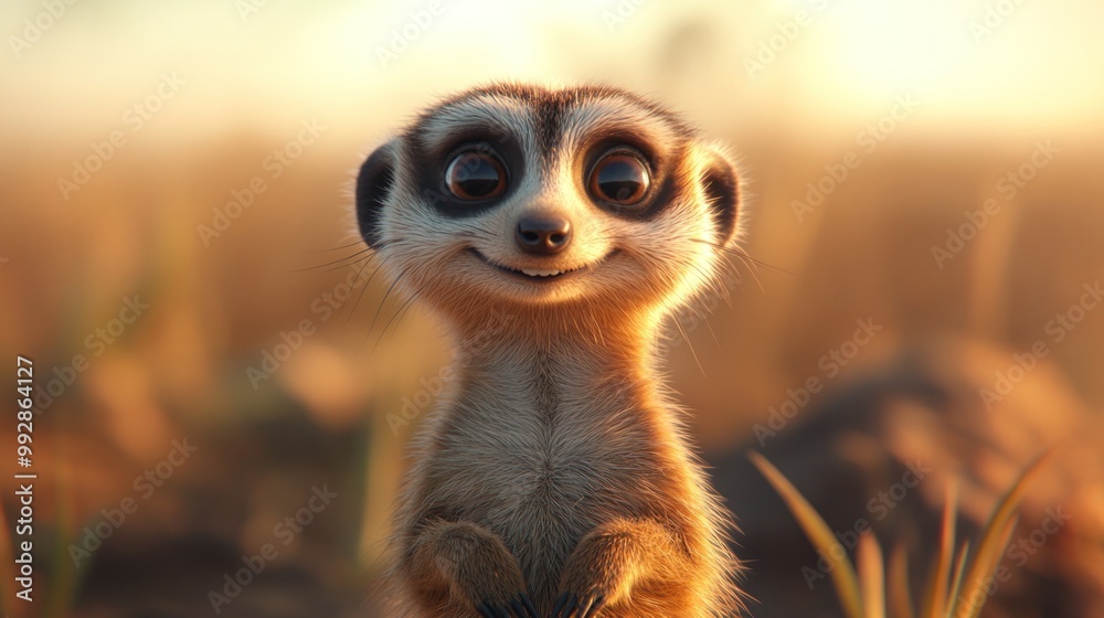 Fototapeta premium A cute meerkat smiling in a sunlit environment, showcasing its playful nature.