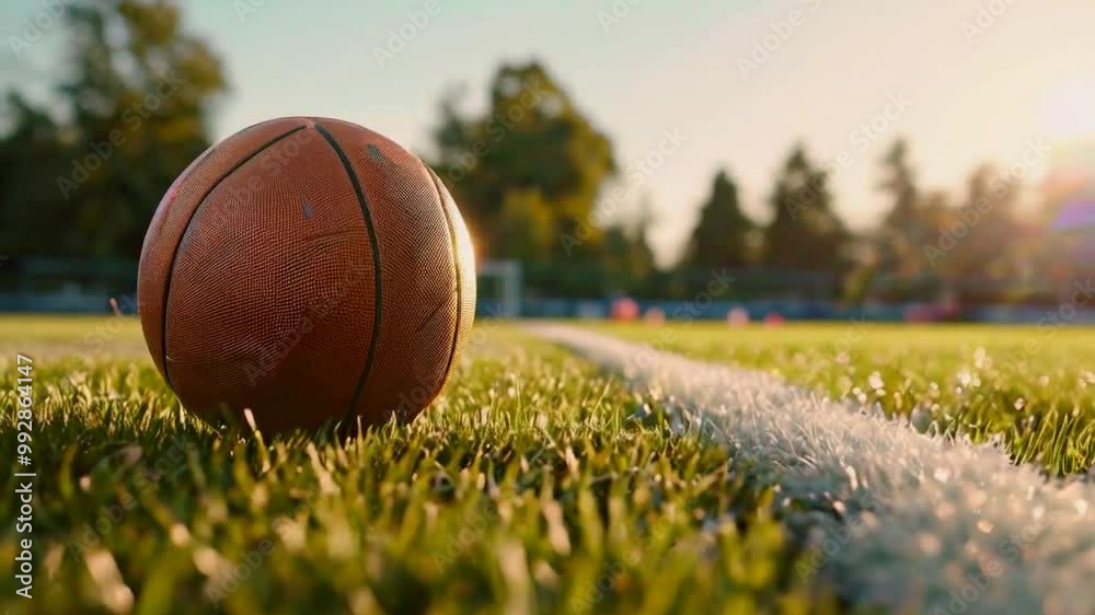 A basketball resting on grass near a sports field, illuminated by sunlight. A basketball resting on grass near a sports field, illuminated by sunlight.
