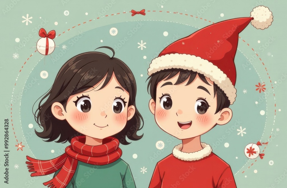 Portrait 5 years old boy and girl, smiling boy and girl looking at camera, cartoon drawn circles with gifts inside circles flying around boy and girl heads. Generative AI tools Portrait 5 years old boy and girl, smiling boy and girl looking at camera, cartoon drawn circles with gifts inside circles flying around boy and girl heads. Generative AI tools
