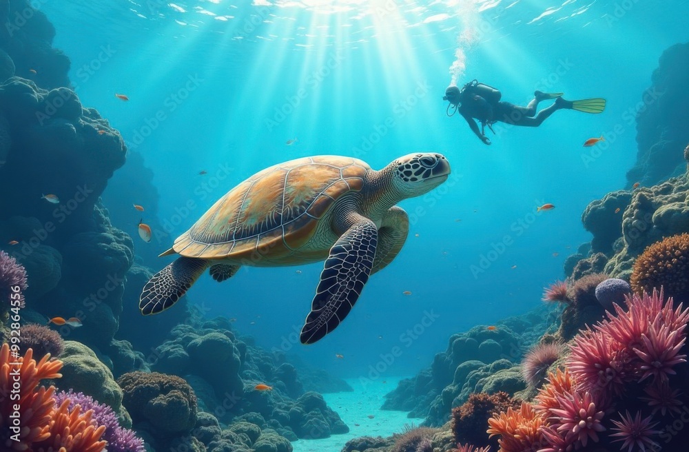 Obraz premium A large turtle swims underwater, surrounded by other fish and beautiful reefs, a diver swims in the background and watches the marine life. Generative AI tools