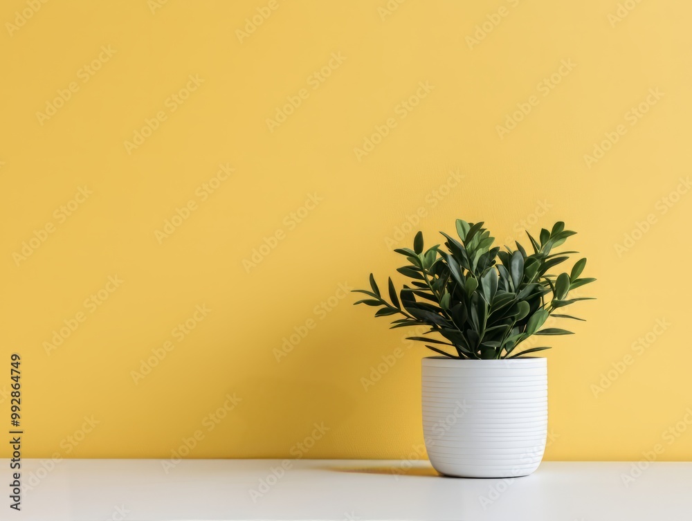 A vibrant green plant in a white pot against a bright yellow wall, perfect for adding color and life to any space. A vibrant green plant in a white pot against a bright yellow wall, perfect for adding color and life to any space.