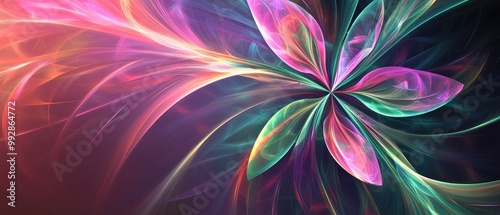 Vibrant high resolution fractal background featuring a detailed abstract flower star with four petals showcasing shades of pink purple and green