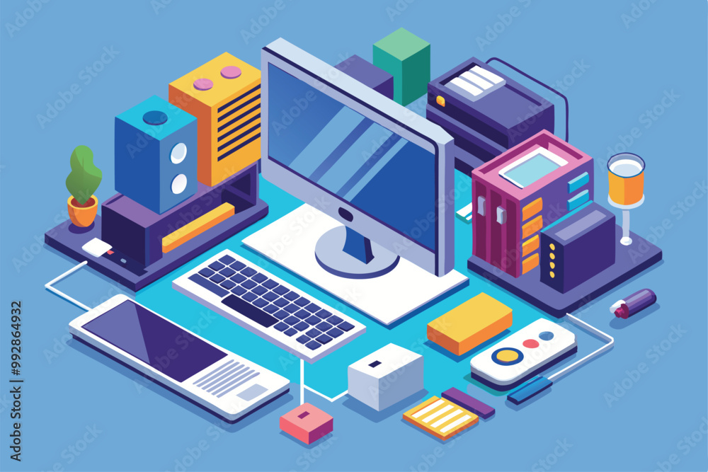 Fototapeta premium A colorful isometric design showcasing a modern desk arrangement featuring gadgets and stationery, Customizable isometric illustration of a leader.