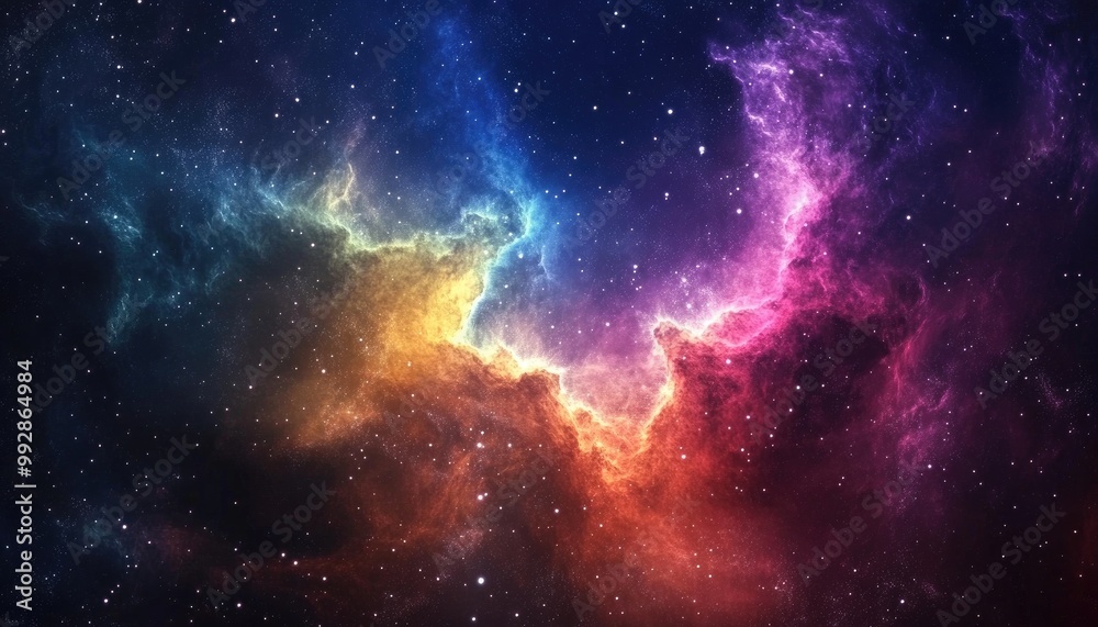 Naklejka premium Vibrant nebula in a starry outer space setting with colorful cosmic elements