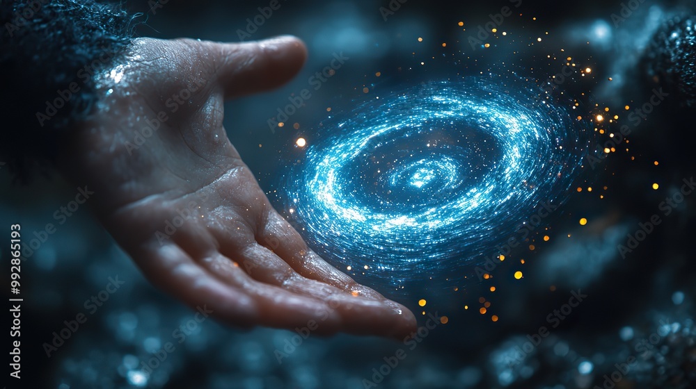 Fototapeta premium A hand reaches towards a captivating data vortex with swirling light particles, symbolizing engagement with complex digital environments.