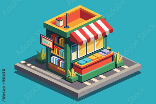 A colorful newsstand sells various publications and books on a lively urban street setting, Customizable isometric illustration of a newsstand.