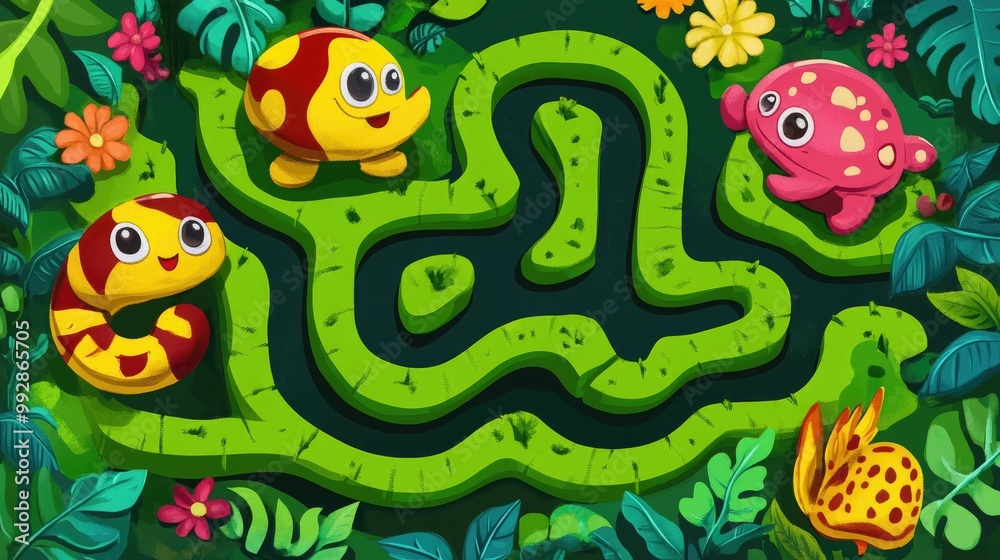 Fototapeta premium Playful maze game for children Engaging labyrinth activity Educational worksheet designed for preschoolers Fun puzzle with cute cartoon illustrations Challenge young minds with this logical riddle
