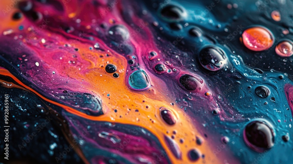Close up view of vibrant color splashes and blobs creating a textured fantasy scene Close up view of vibrant color splashes and blobs creating a textured fantasy scene