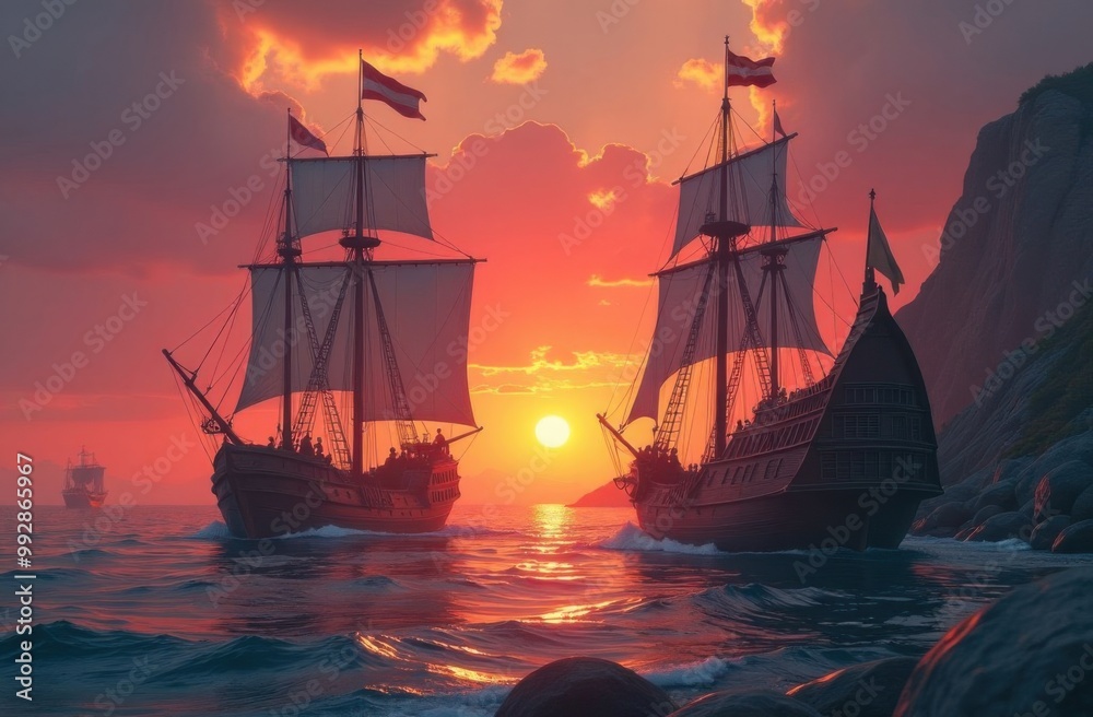Obraz premium Wooden Viking ships on the open sea. Middle Ages. Computer game and illustration for children's book. Generative AI tools