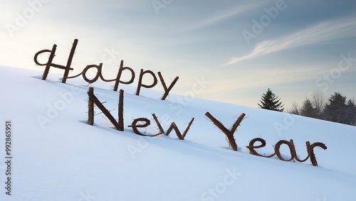 Capture the essence of celebration and tranquility with this Happy New Year image set against a stunning natural landscape.