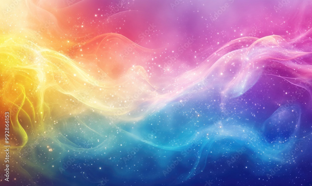 Fototapeta premium Ethereal rainbow backdrop featuring sparkles and swirls illustrating a vibrant healing light energy field