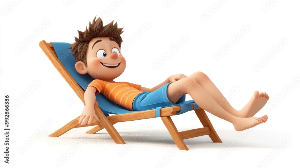 A cheerful cartoon boy relaxing on a deck chair, enjoying leisure time. A cheerful cartoon boy relaxing on a deck chair, enjoying leisure time.