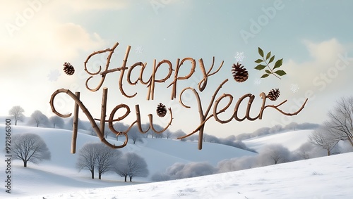 Capture the essence of celebration and tranquility with this Happy New Year image set against a stunning natural landscape.