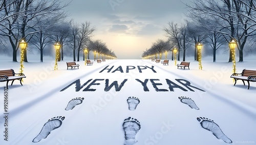 Capture the essence of celebration and tranquility with this Happy New Year image set against a stunning natural landscape.