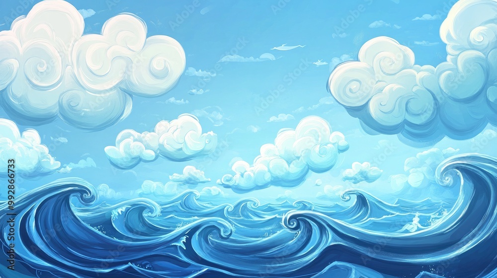 Cartoon scene featuring waves and clouds in a nautical theme Cartoon scene featuring waves and clouds in a nautical theme