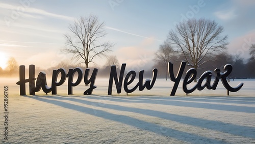 Capture the essence of celebration and tranquility with this Happy New Year image set against a stunning natural landscape.