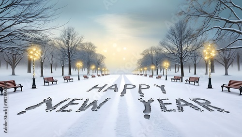 Capture the essence of celebration and tranquility with this Happy New Year image set against a stunning natural landscape.