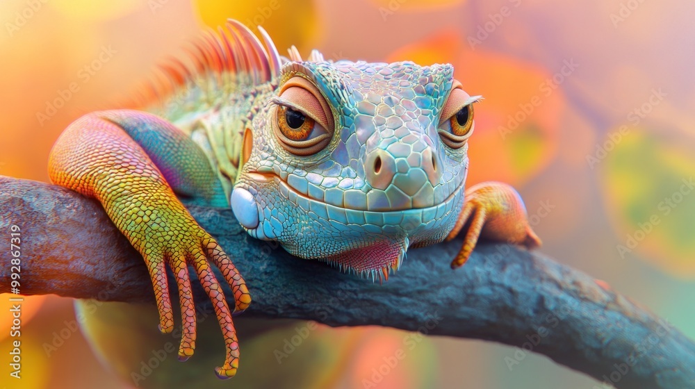 Obraz premium A colorful iguana resting on a branch amidst a vibrant, blurred background.
