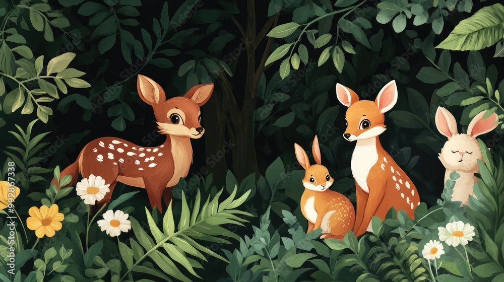 Naklejka premium Charming summer forest scene featuring adorable animals like a deer fox and bunny among lush greenery Ideal for children s wallpaper