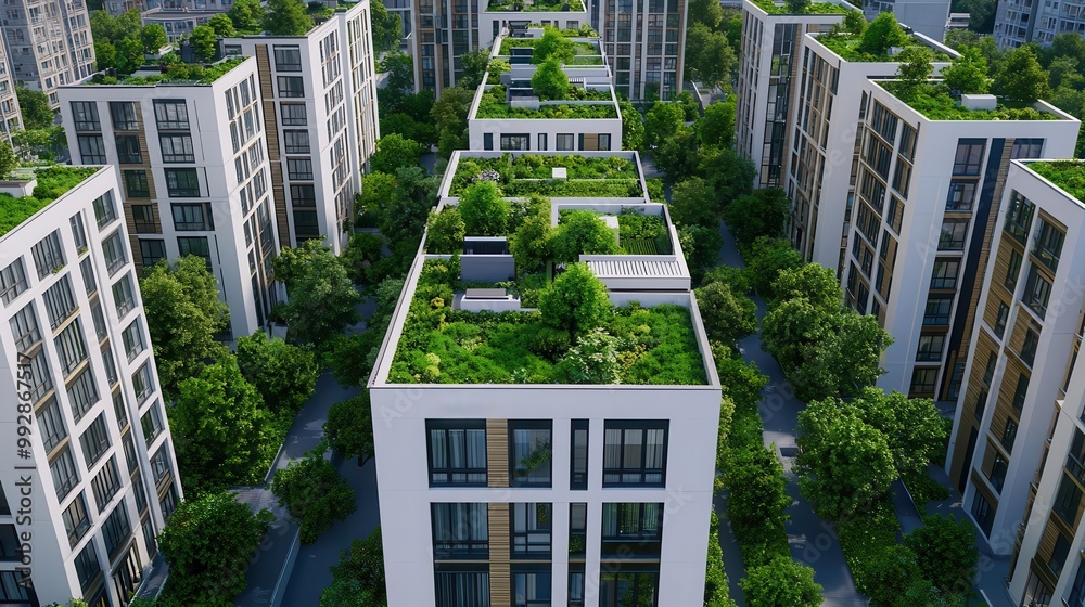 An eco-friendly city with green rooftops and abundant trees, promoting sustainable urban living version3 An eco-friendly city with green rooftops and abundant trees, promoting sustainable urban living version3