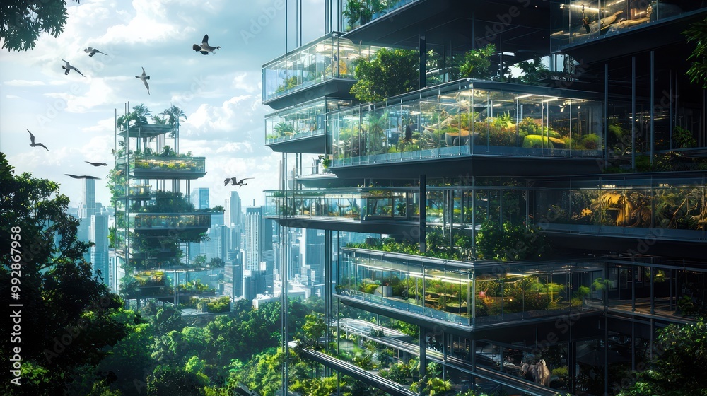 Obraz premium Blueprint of a vertical zoo, illustrating habitats stacked vertically with climate control for diverse species