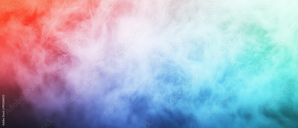 Fototapeta premium Abstract blue green and red neon lights blend with soft fog creating a textured glass background in a pastel gradient